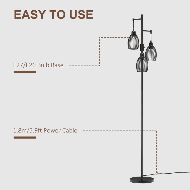 3-Light Floor Lamp, 170cm Industrial Dimmable Standing Lamp with Steel Wire Cage Lampshades for Living Room, Bedroom, Dining Room, Study, Black