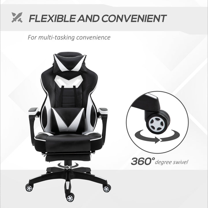 Computer Gaming Chair, Racing Desk Chair with Lumbar Support and Footrest, PU Leather Gamer Chair with Headrest and Swivel Wheels for Home, White