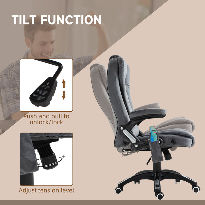 Massage Recliner Chair Heated Office Chair with Six Massage Points Velvet-Feel Fabric 360° Swivel Wheels Grey