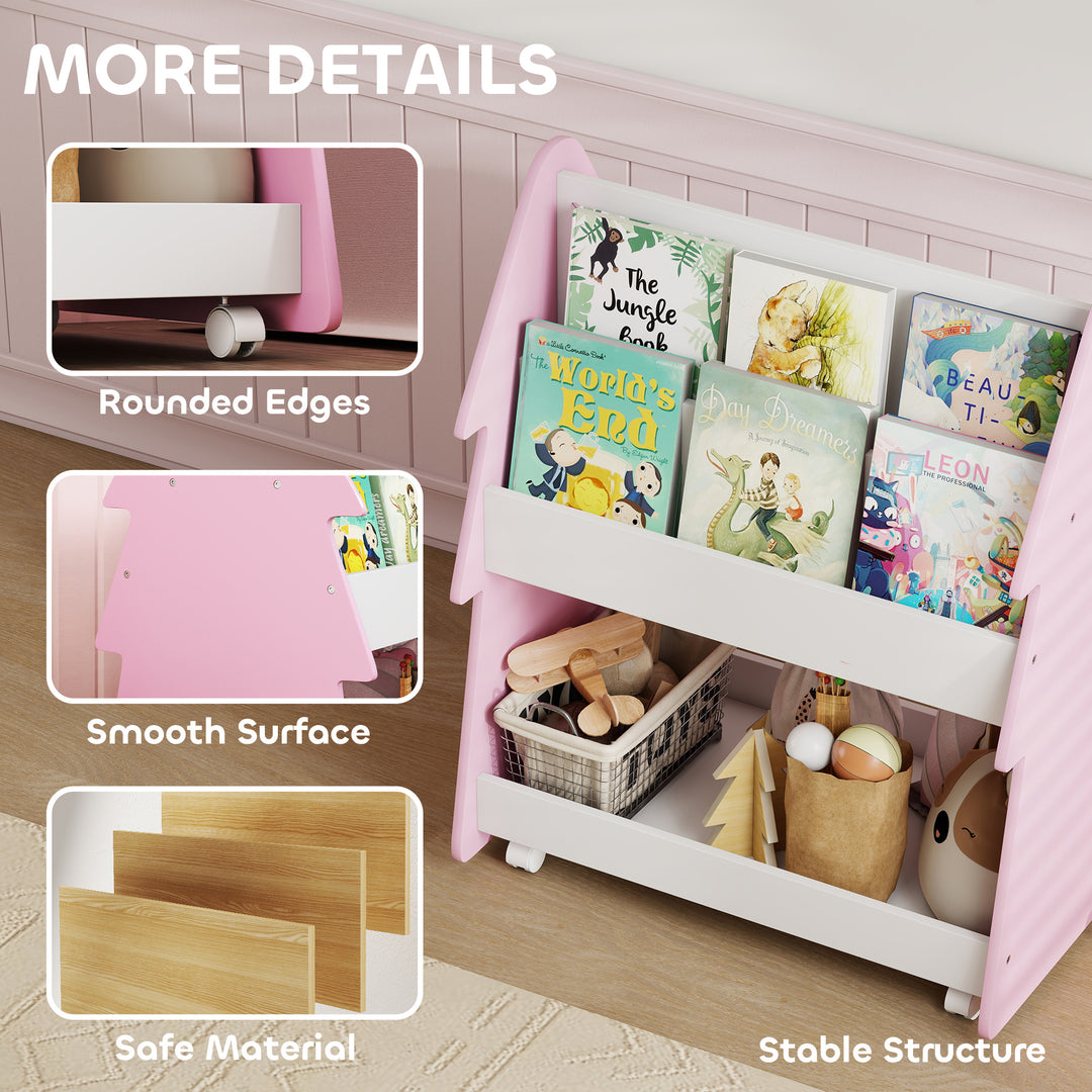 Kids Bookshelf with Toy Storage, Double-Sided Bookcase with Wheels, 3 Tier Kids Book Rack for Bedroom