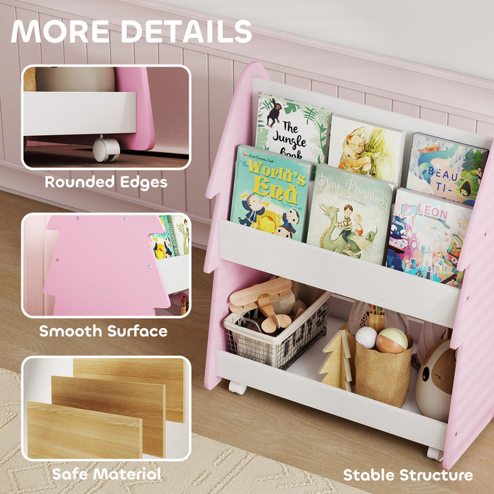 Kids Bookshelf with Toy Storage, Double-Sided Bookcase with Wheels, 3 Tier Kids Book Rack for Bedroom