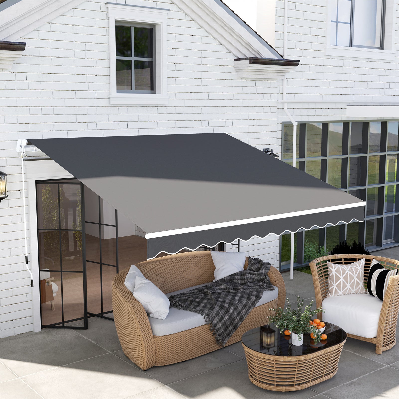 3 x 2.5m Garden Patio Manual Awning, Retractable Canopy Sun Shade Shelter with Fittings and Crank Handle, Dark Grey