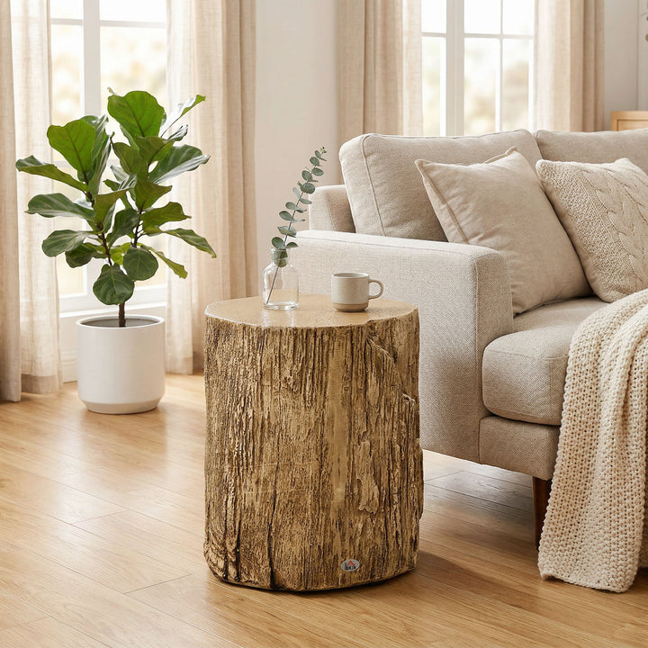 Tree Stump End Table, Round Concrete Side Table for Indoor and Outdoor