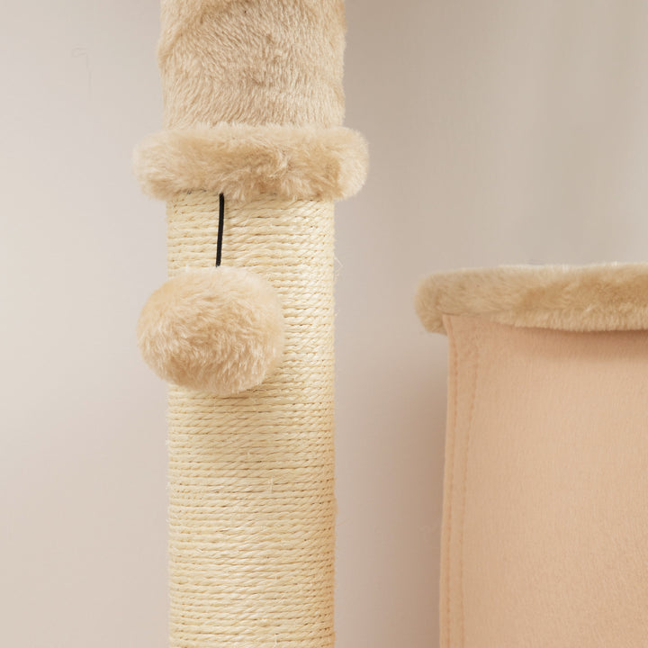 MCL 132cm Cat Tree w/ Scratching Posts, Pad, Cat Bed, Cat House, Jumping Platform, Grooming Brush, Anti-Tip Kit, Beige