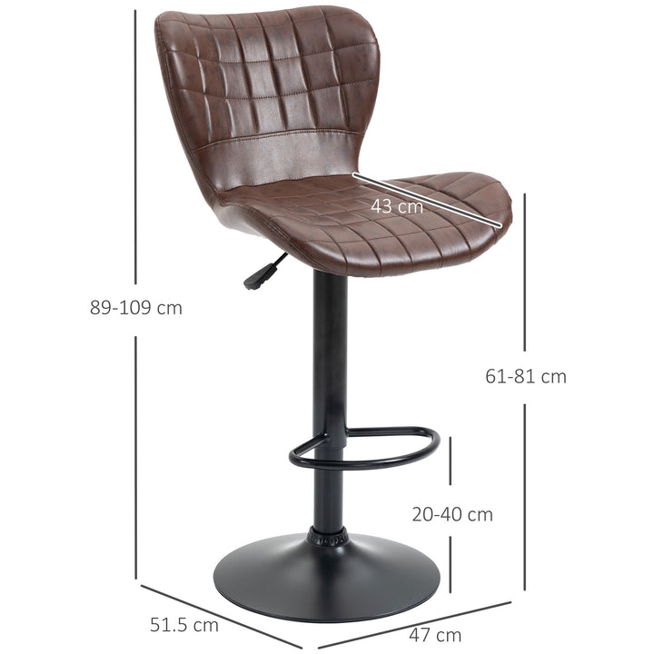 HOMCOM Bar Stools Set of 2 Adjustable Height Swivel Bar Chairs in PU Leather with Backrest & Footrest, Brown