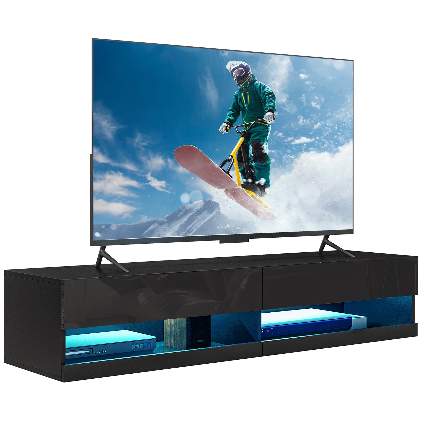 Floating TV Unit, Wall Mounted TV Cabinet for TVs up to 65", High Gloss Media Wall Unit with LED Lights, Storage Shelves for Living Entertainment Room, Black