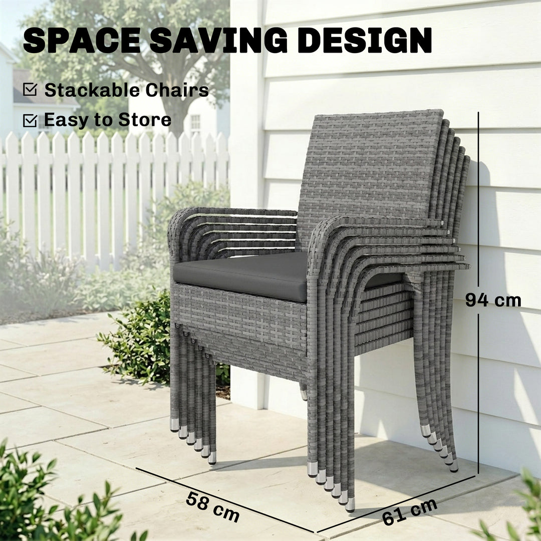 7 Piece Rattan Garden Furniture Set, 6 Seater Garden Table and 6 Stack