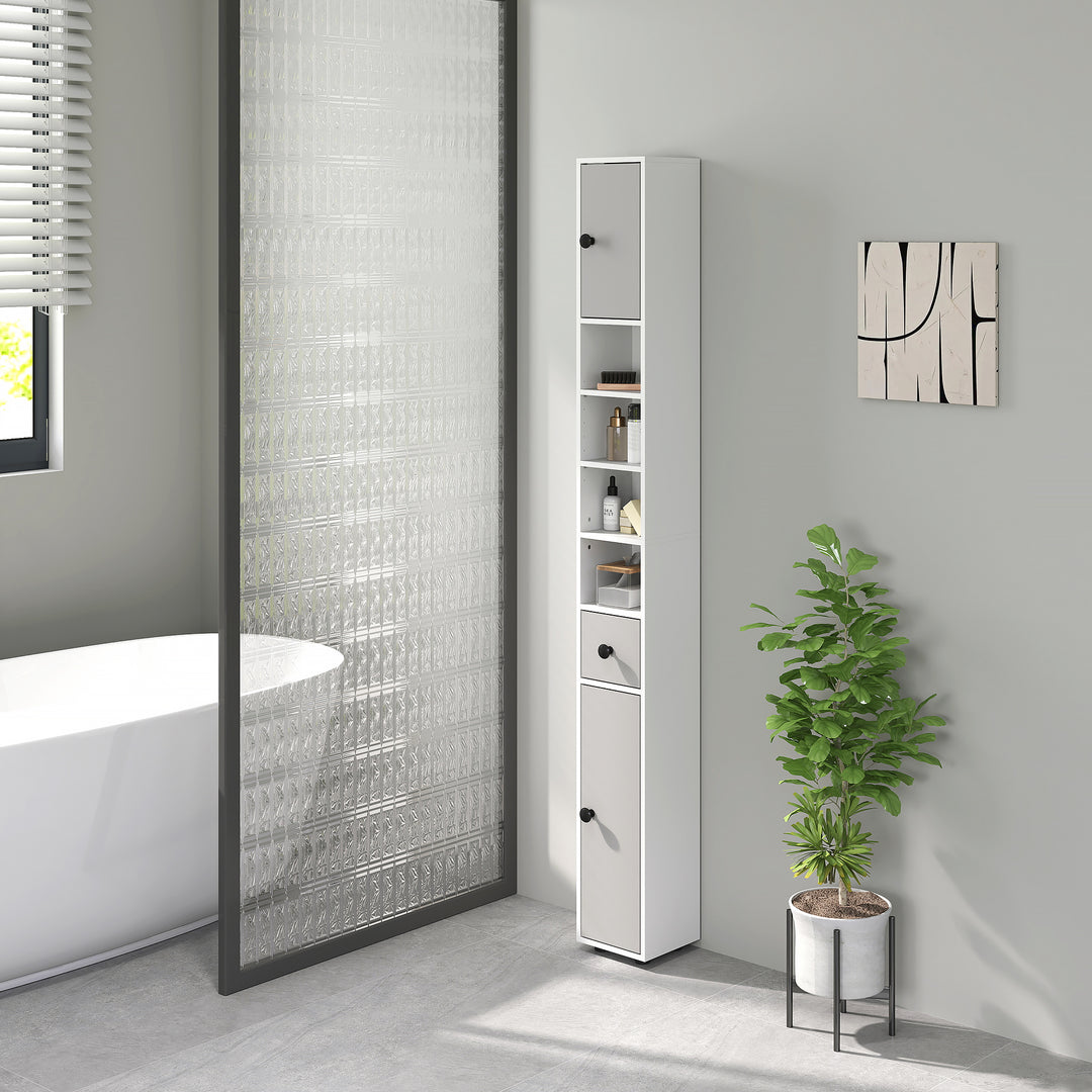 180cm Slim Bathroom Cabinet, with Drawer, Shelves and Cupboards - Light Grey