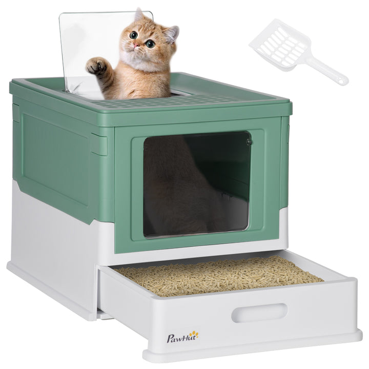 PawHut Enclosed Cat Litter Box with Scoop, Front Entry & Top Exit, Spacious Portable Pet Toilet, 47.5 x 35.5 x 36.7 cm, Green | Aosom UK