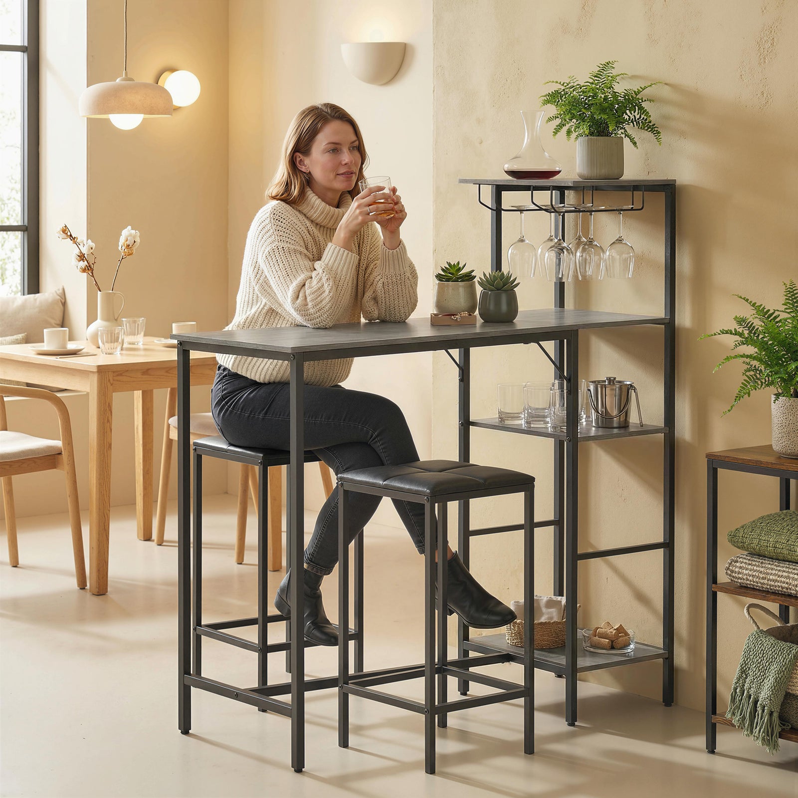 3 Piece Breakfast Bar Table and Stools Set, Washed Grey