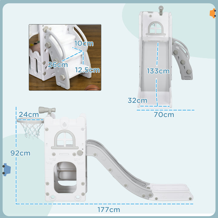 AIYAPLAY 4 in 1 Toddler Slide with Basketball Hoop, Climber, Telescope, Storage Basket, for Ages 1-3 Years, Grey