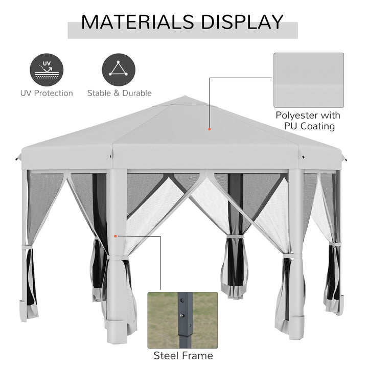 MCL 3.2m Pop Up Gazebo Hexagonal Canopy Tent Outdoor Sun Protection with Mesh Sidewalls, Handy Bag, Light Grey