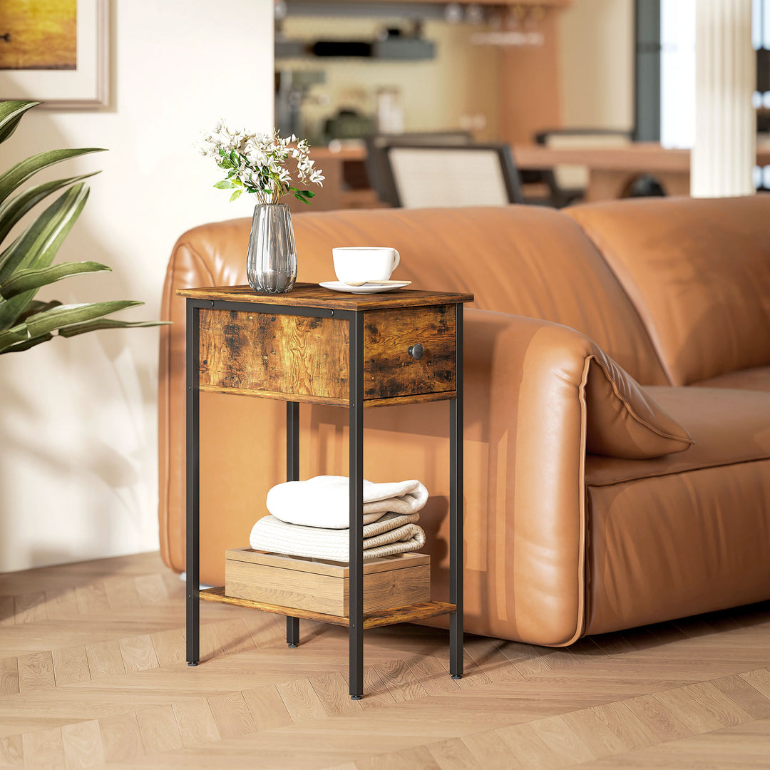 Narrow Side Table with Drawer and Storage Shelf - Rustic Brown