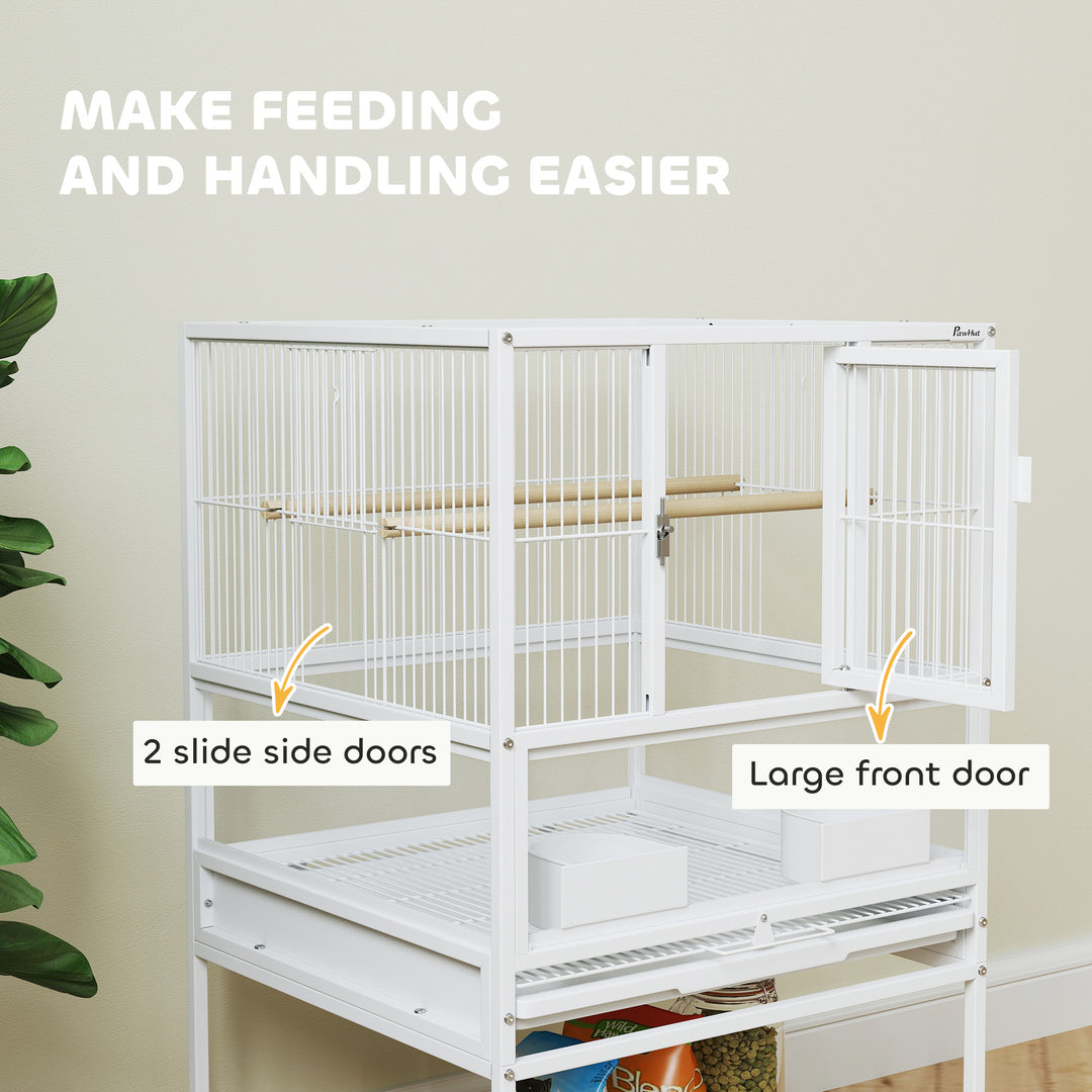 Bird Cage with Rolling Stand, Acrylic Viewing Panels, Storage Shelf, for Budgie, Parakeet, 48 x 46 x 83 cm