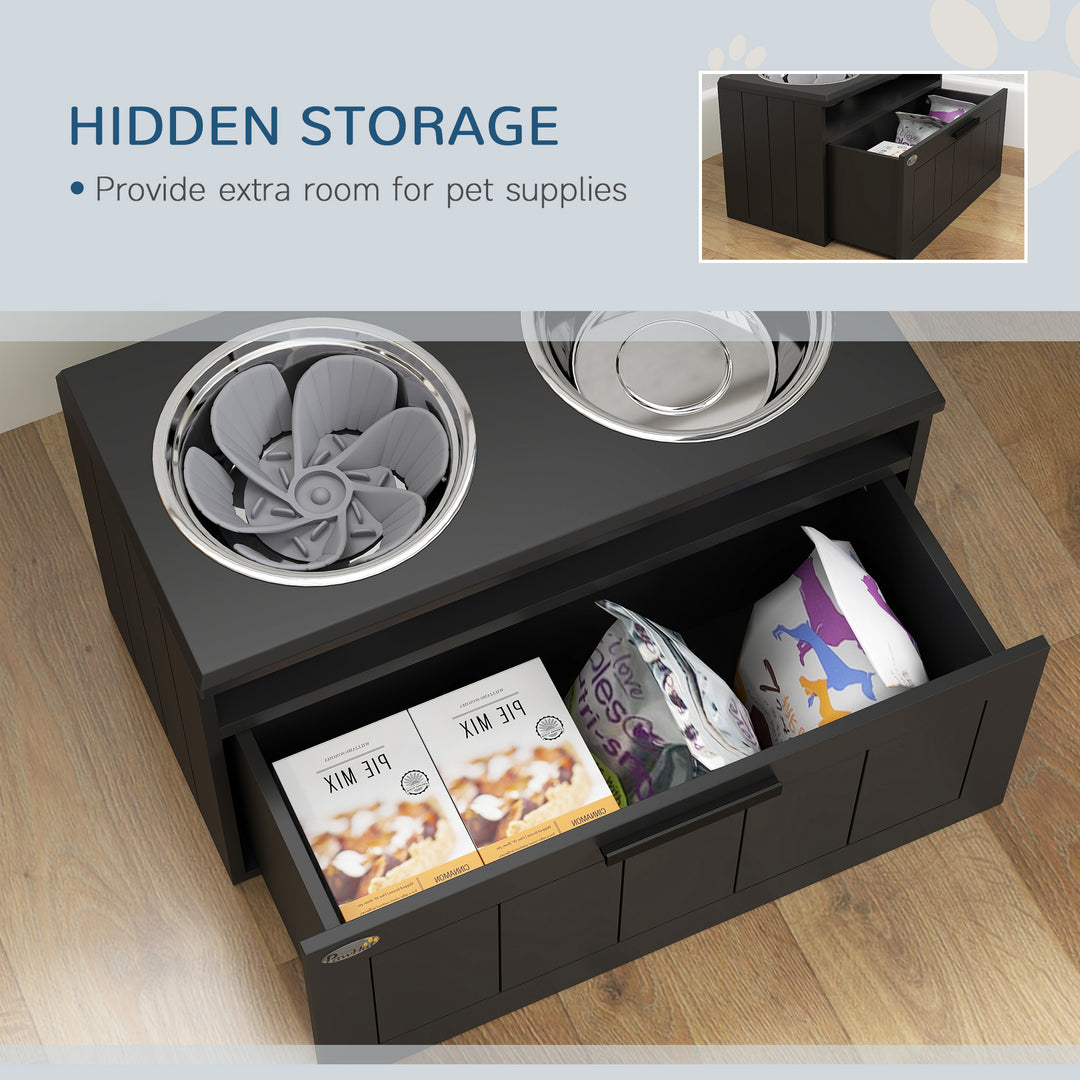 Raised Dog Bowl with Slow Feeder, Two Stainless Steel Dog Bowls, Drawer, for Large and Extra Large Dogs, Black