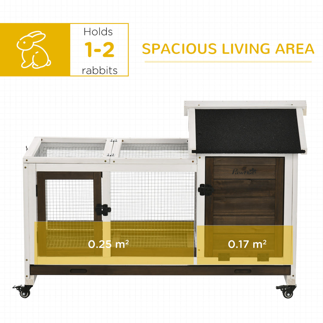 PawHut Wooden Rabbit Hutch with Wheels, Guinea Pig Cage, Small Animal House for with Slide-out Tray, 108 x 58 x 73.5cm, Coffee | Aosom UK