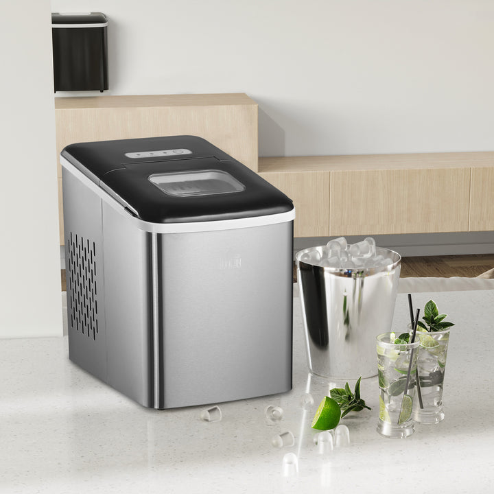 Ice Maker Machine Countertop, 9 Ice Cubes in 8 Mins, 12KG in 24Hrs, Self-Cleaning Portable Ice Cube Maker with Ice Scoop and Basket, Stainless Steel, No Plumbing Required, Black