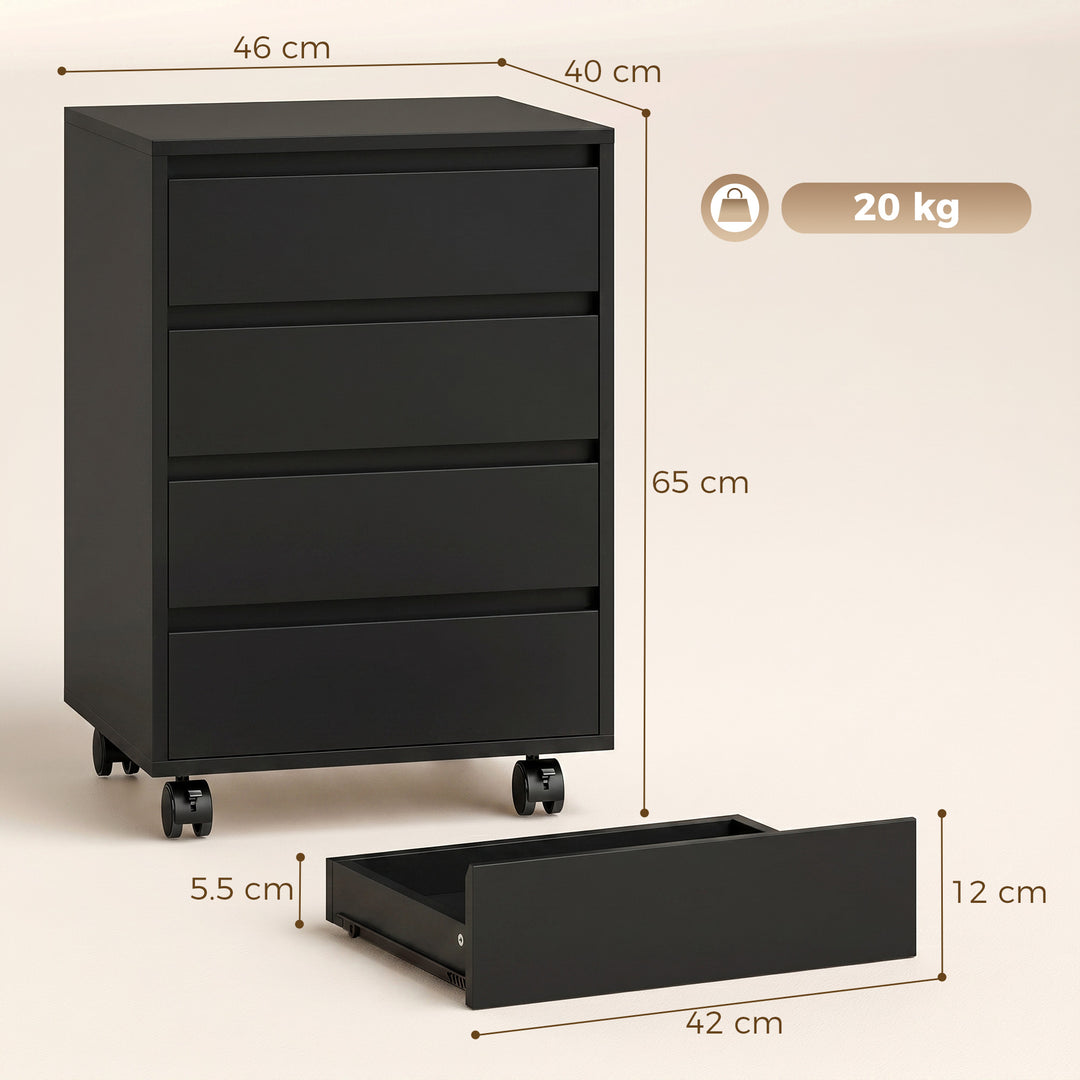 Four-Drawer Office Filing Cabinet, with Wheels - Black