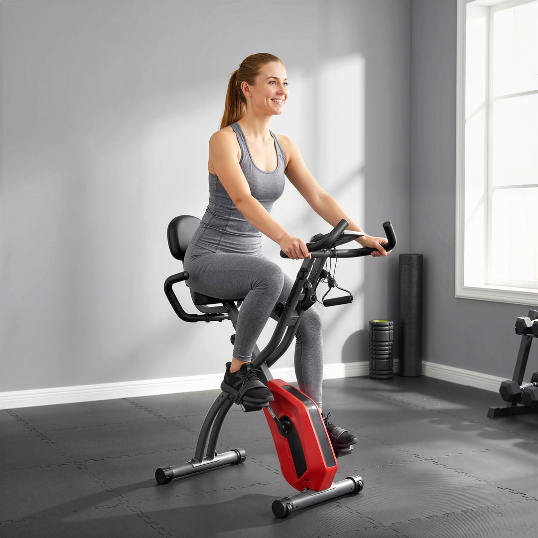 4-In-1 Folding Exercise Bike with Resistance Bands, Bluetooth App, 8-Level Magnetic Resistance, LCD Display, Red