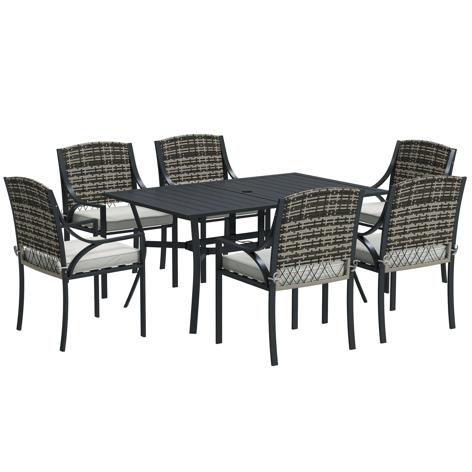 Rattan Garden Furniture Set with Cushions, 6 Seater Rattan Dining Set with 6 Armchairs, 150 x 96cm Rectangular Table, Umbrella Hole, for Outdoor, Patio, Balcony, Terrace, Conservatory