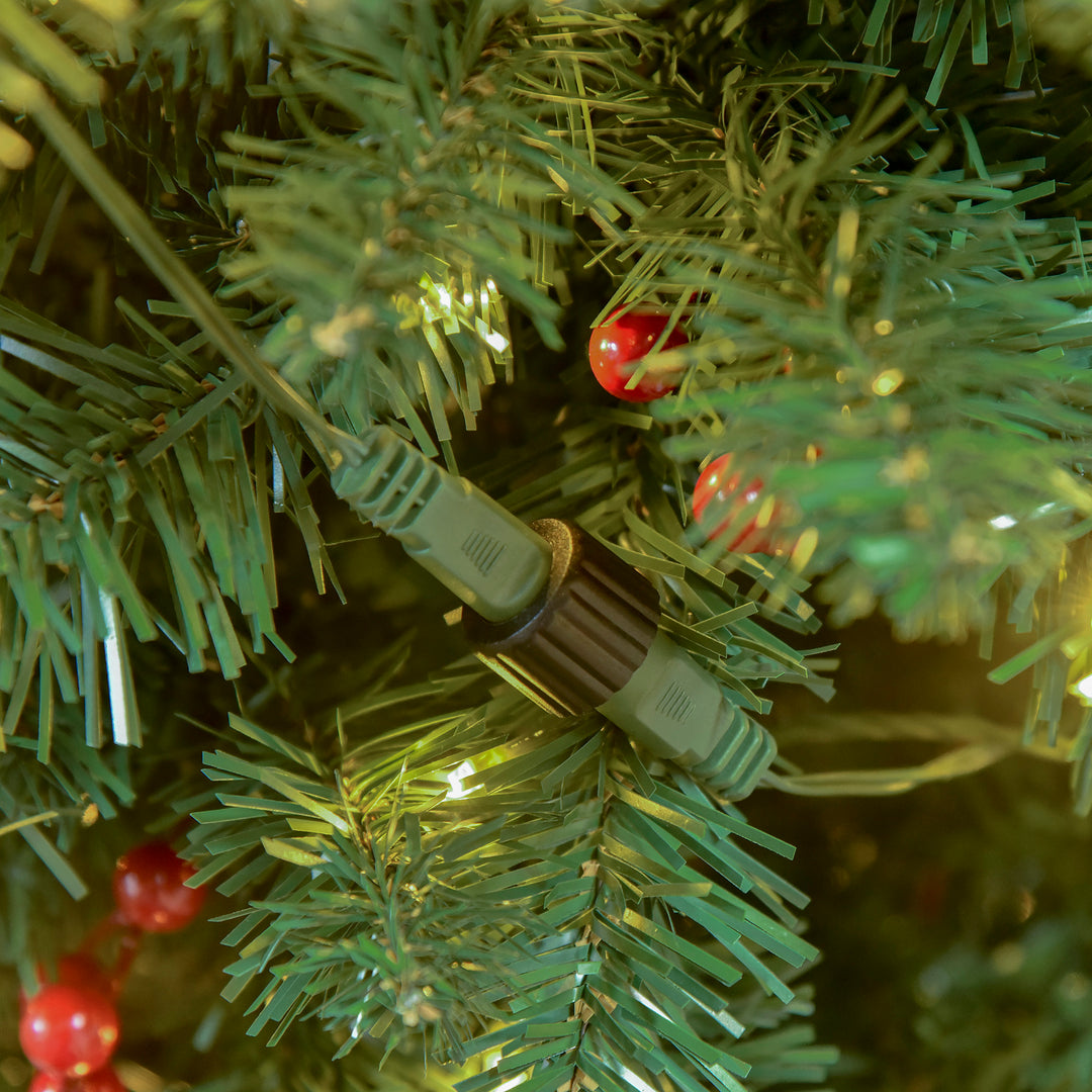 MCL 7FT Prelit Artificial Pencil Christmas Tree with Warm White LED Light, Red Berry, Holiday Home Xmas Decoration, Green