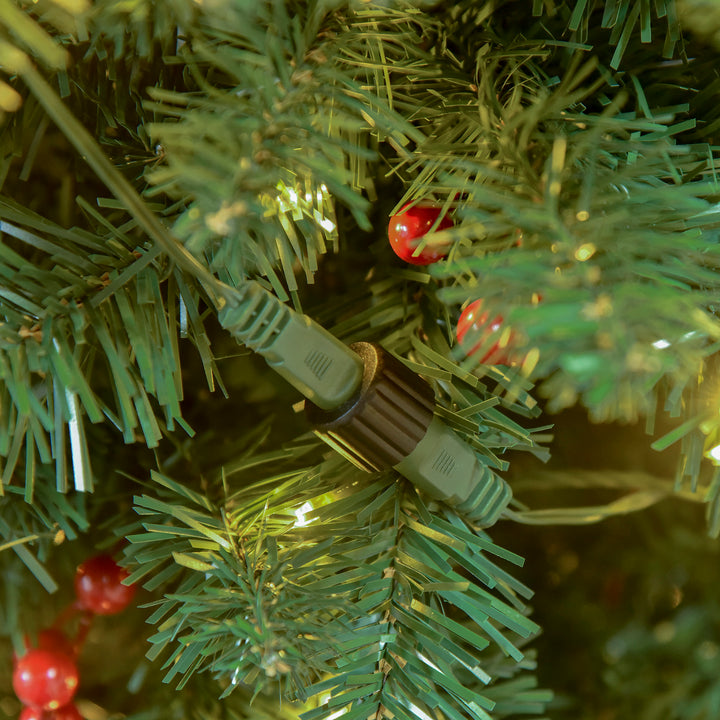 MCL 7FT Prelit Artificial Pencil Christmas Tree with Warm White LED Light, Red Berry, Holiday Home Xmas Decoration, Green