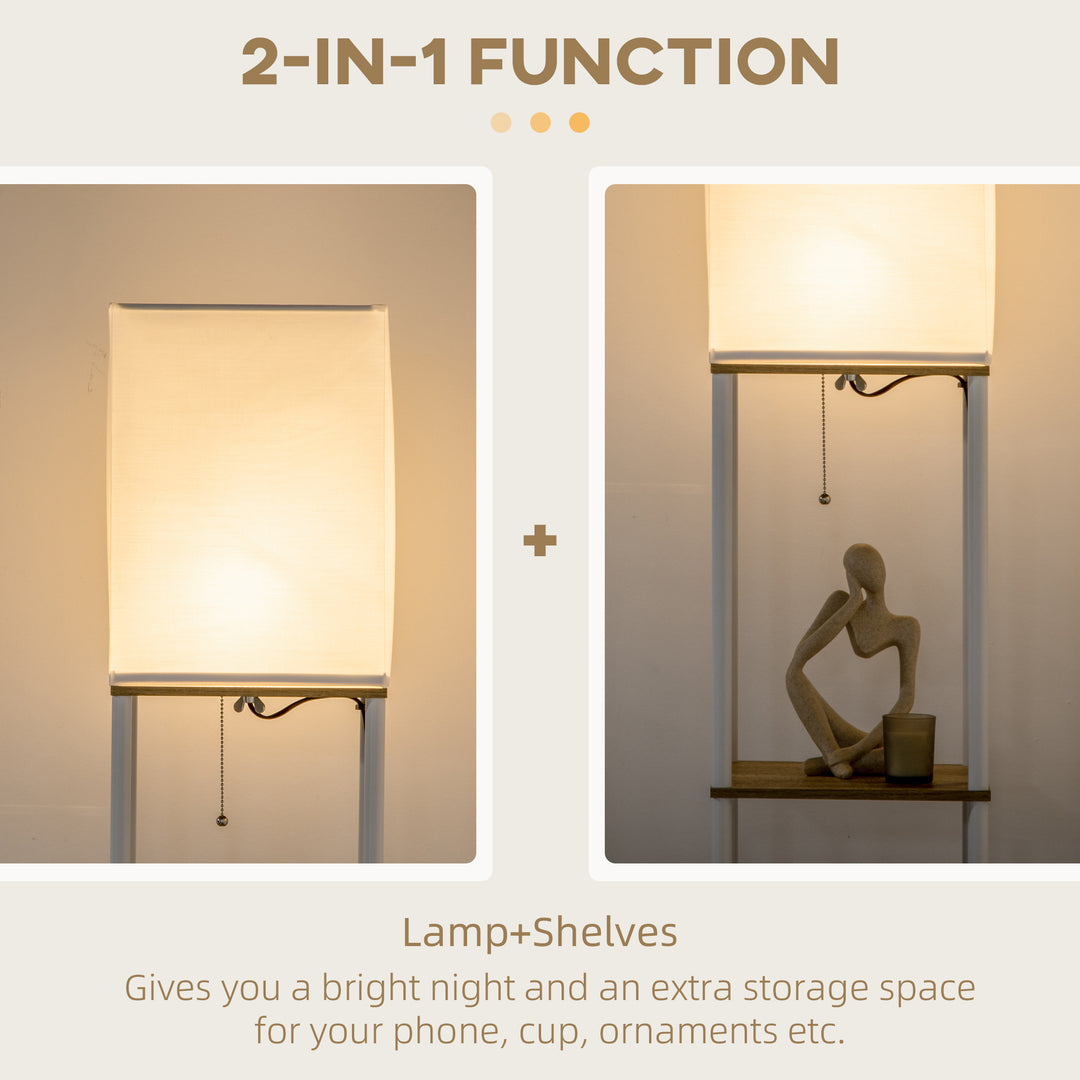 Modern Floor Lamp with Shelves, 3 Layer Shelf Tall Standing Lamp with Fabric Lampshade, Pull Chain Switch for Living Room, Bedroom, Bulb not Included, White