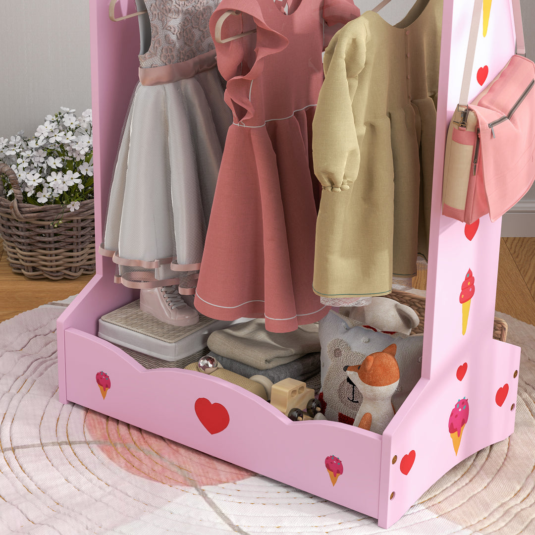 AIYAPLAY Kids Clothes Rail, Kids Dressing Mirror with 360° Rotating, 2 Piece Kids Furniture Set with Storage Shelves, Pink
