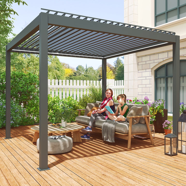 3 x 3(m) Electric Louvered Pergola with LED Lights, Aluminium Pergola Hardtop Gazebo with Remote, Adjustable Roof and Drainage System, Water and UV Proof