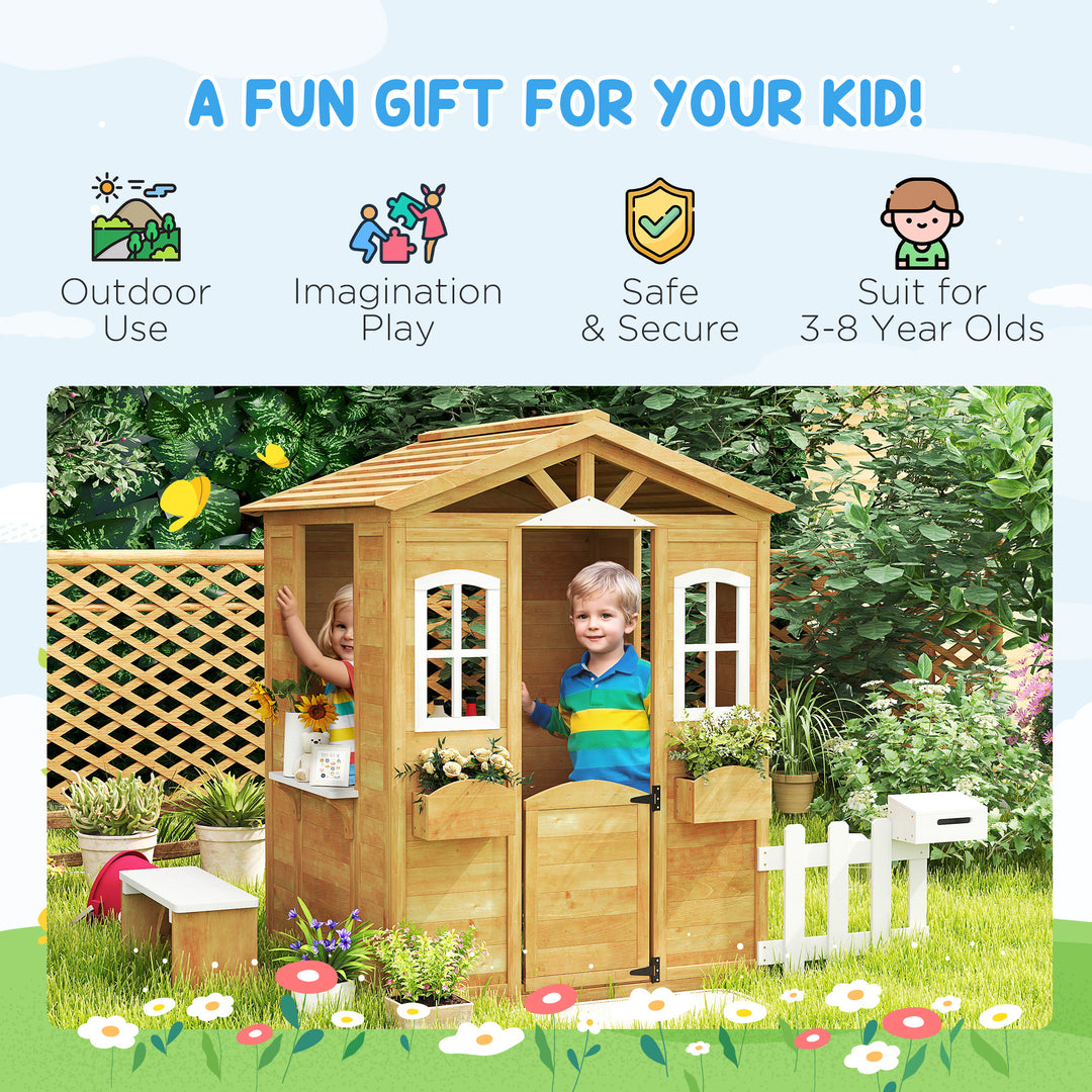 Wooden Playhouse for Kids with Door, Windows, Mailbox, Flower Pot Holder, Serving Station, Bench for Children, Yellow