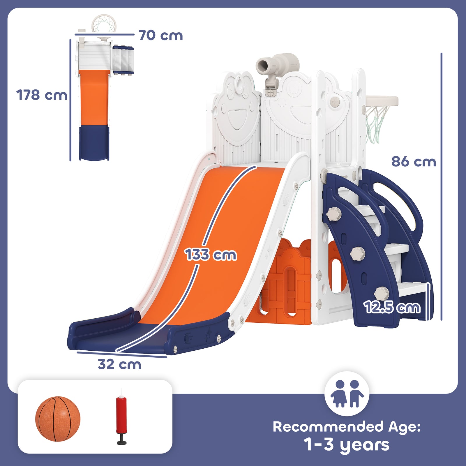 5 in 1 Kids Slide Set with Basketball Hoop, Climbing Frame, Telescope,