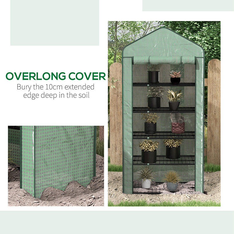 5 Tier Widened Mini Greenhouse with Reinforced PE Cover, Portable Indoor Outdoor Green House with Roll-up Door and Wire Shelves, 193H x 90W x 49Dcm, Green