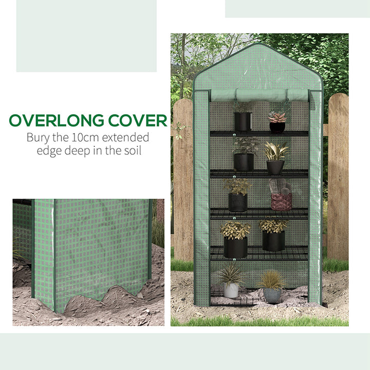 5 Tier Widened Mini Greenhouse with Reinforced PE Cover, Portable Indoor Outdoor Green House with Roll-up Door and Wire Shelves, 193H x 90W x 49Dcm, Green