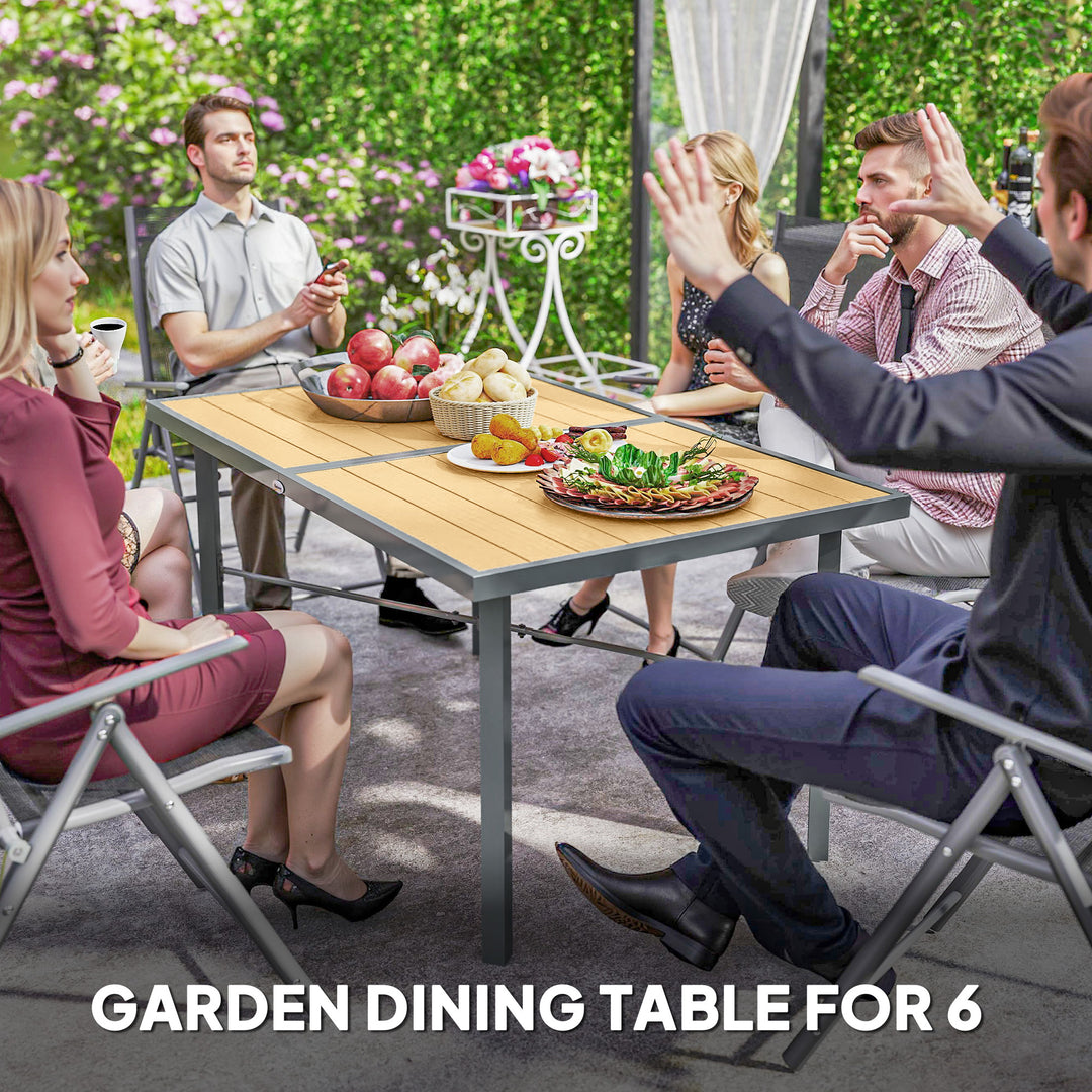 Garden Table for 6, 150 cm Rectangular Outdoor Dining Table with 5 cm Umbrella Hole, Wood Effect Top, Rust Resistant Frame, for Patio, Balcony, Terrace, Natural Wood Finish