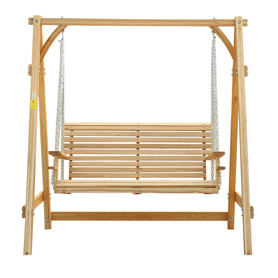 2 Seater Garden Swing Seat, Wooden Swing Chair Bench with Cup Holders for Outdoor Porch Patio, Natural