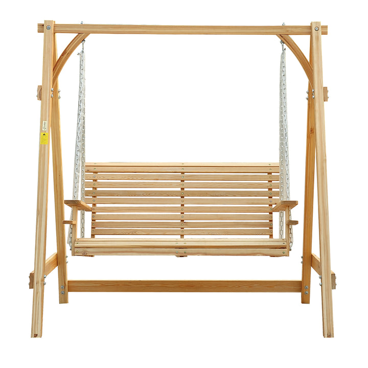 2 Seater Garden Swing Seat, Wooden Swing Chair Bench with Cup Holders for Outdoor Porch Patio, Natural
