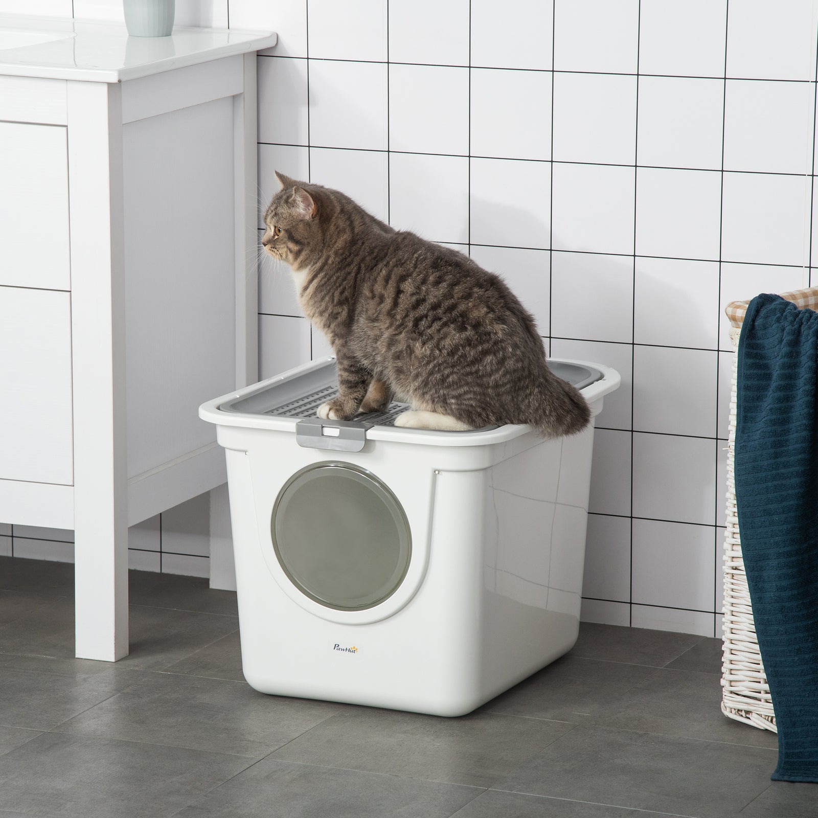 Cat Litter Box, Pet Toilet, Enclosed Kitten Pan with Front Entrance Top Exit, High Side, Scoop, White