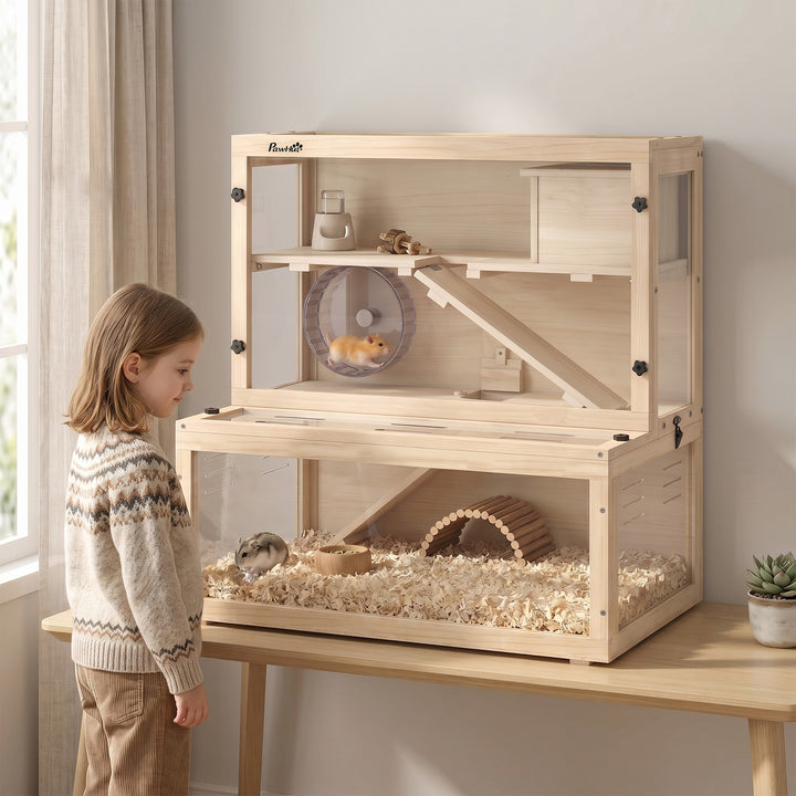 Wooden Hamster Cage with Hut, Wheel, Ramps, Removable Viewing Panels, 