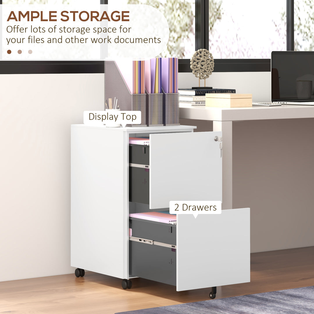2-Drawer Vertical Filing Cabinet with Lock and 5 Wheels, Steel Mobile File Cabinet, for A4, Legal and Letter Size, Pre-Assembled Body, White