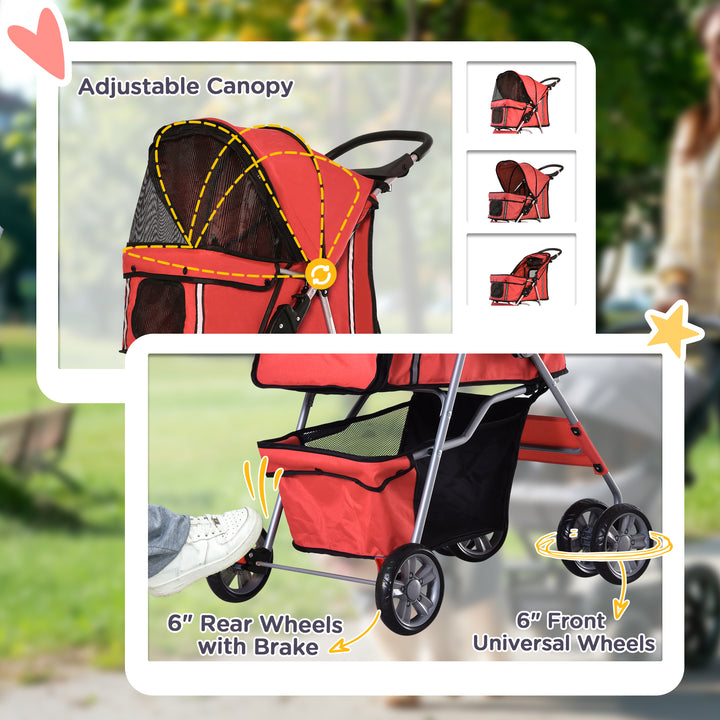 PawHut Pet Stroller, Dog Pram, Foldable Pushchair, Cat Travel Carriage with Wheels, Zipper Entry, for Small Pets, Red | Aosom UK