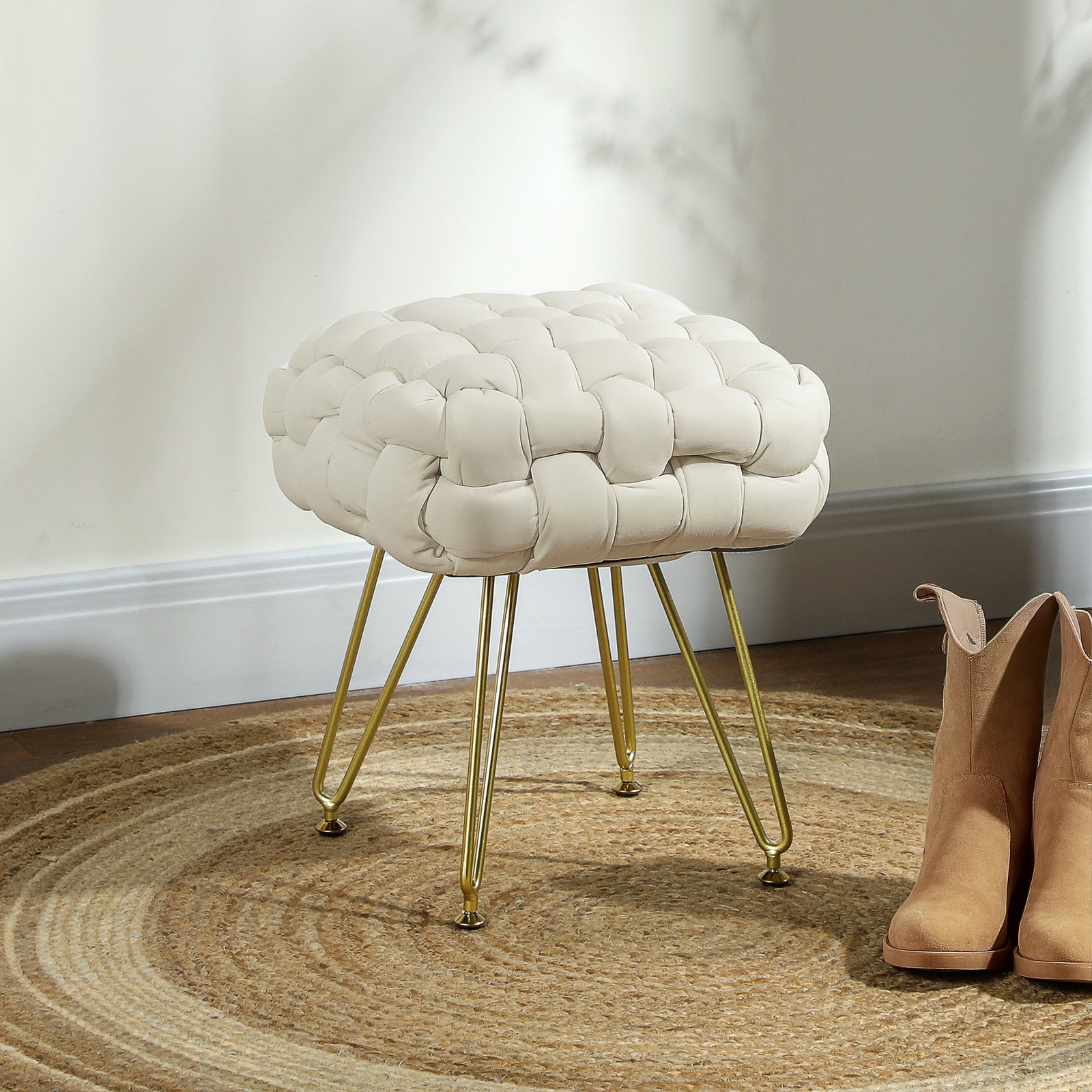 Velvet-Feel Bold Woven Footstool - Cream White