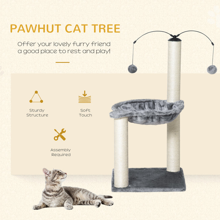 PawHut 83cm Cat Tree Tower with Sisal Scratching Post Hammock Interactive Ball Toy Kitten Play House Activity Center Furniture Grey | Aosom UK