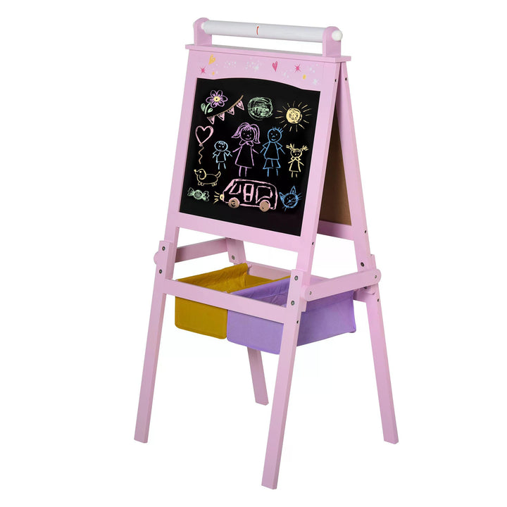 HOMCOM 3 In 1 Kids Wooden Art Easel w/ Paper Roll Double-Sided Chalkboard & Whiteboard w/ Storage Baskets Gift for Kidsl Age 3 Years+ Pink | Aosom UK