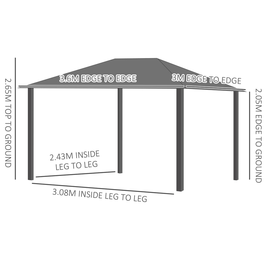 Outsunny 3 x 4m Hard Top Gazebo Garden Pavilion with Netting and Curtains, Polycarbonate Roof and Aluminium Frame