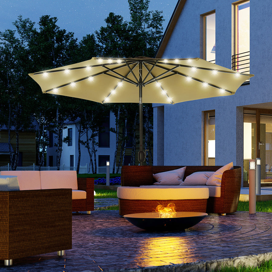 2.7m Patio Garden Umbrella Outdoor Parasol with Tilt Crank and 24 LEDs Lights (Brown)