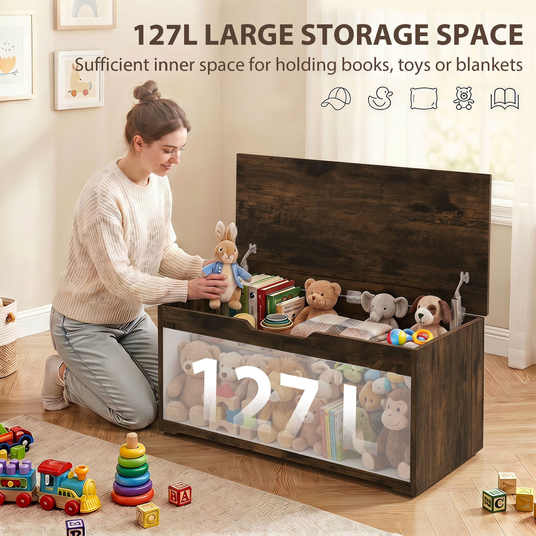 127L Home Storage Box, with Safety Hinges - Rustic Brown Wood-Effect
