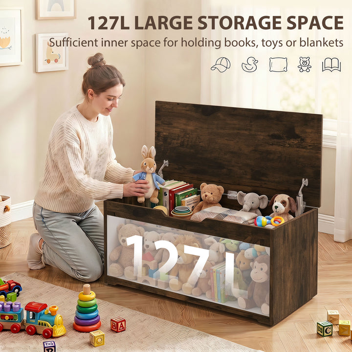 127L Home Storage Box, with Safety Hinges - Rustic Brown Wood-Effect