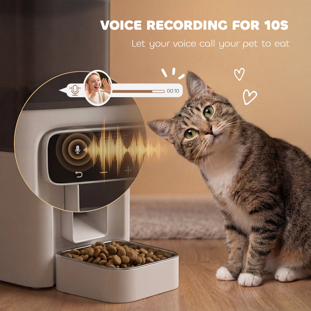 Programmable Automatic Cat Feeder with Timer Up to 6 Meals Per Day, 10s Voice Recorder, Portion Control