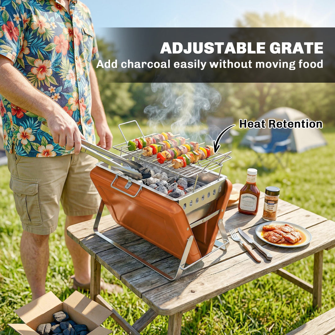Charcoal BBQ Grill Portable Stainless Steel Barbecue with Tilting Grat