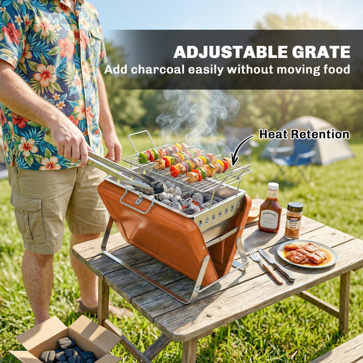 Charcoal BBQ Grill Portable Stainless Steel Barbecue with Tilting Grat